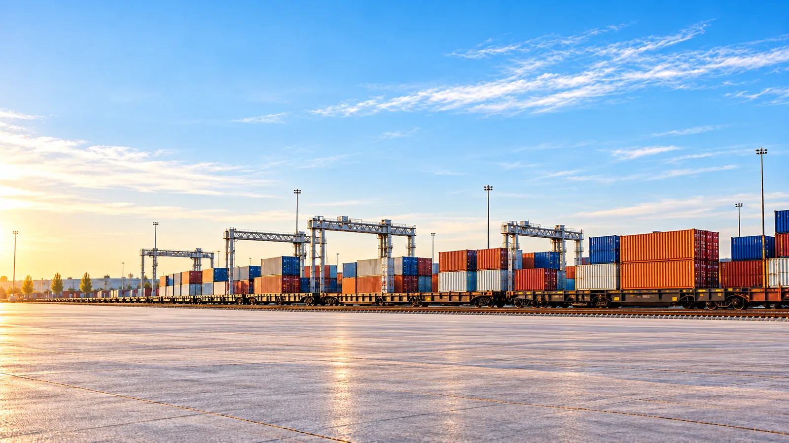 A wide logistics terminal with container trains