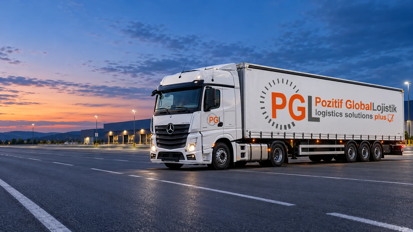 A Pozitif Global branded freight truck at a logistics facility
